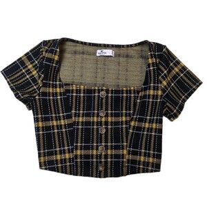 Hollister Plaid Crop Top Jrs‎ XS Cap Sleeve Square Neck Black Yellow